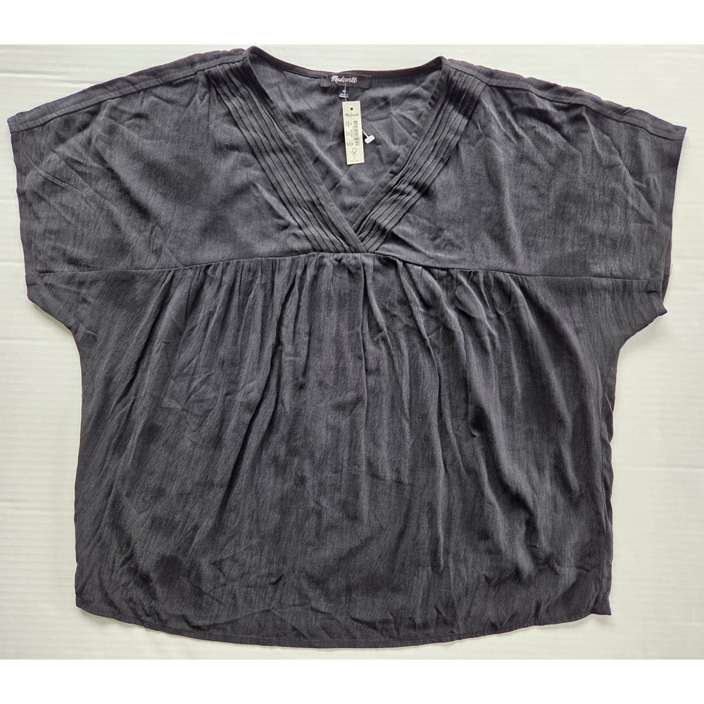 NWT Madewell V-Neck Top Women XS Black Pintuck Pleated Babydoll Blouse